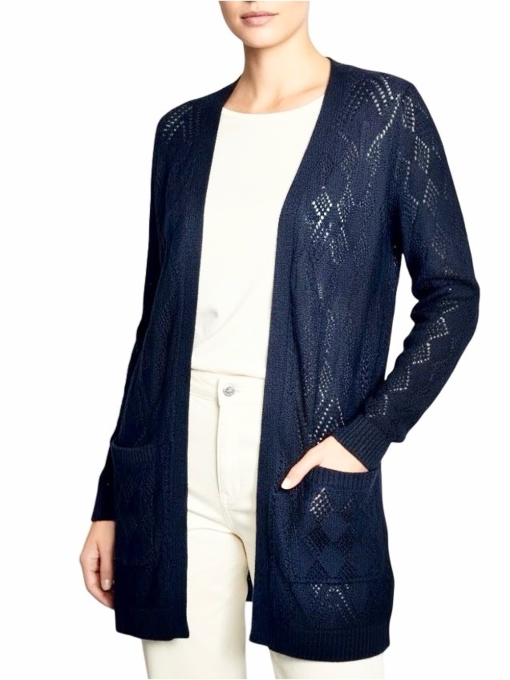 Stitch Fix Market & Spruce Cecily Pointelle Open Duster Sweater Cardigan Navy